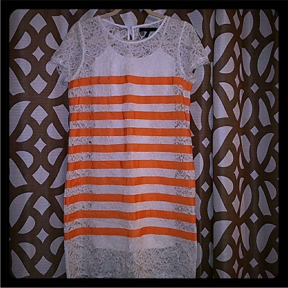 BCBG MaxAzria Beige Lace Orange Stripe Dress EUC